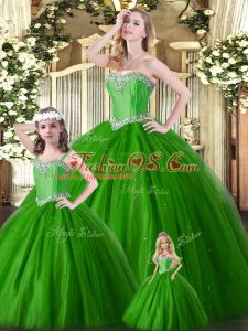 Sweetheart Sleeveless Sweet 16 Dresses Floor Length Beading Green Tulle