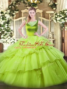 Modest Beading and Pick Ups Ball Gown Prom Dress Yellow Green Side Zipper Sleeveless Floor Length