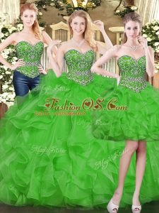 Superior Floor Length Lace Up Vestidos de Quinceanera Green for Military Ball and Sweet 16 and Quinceanera with Beading and Ruffles