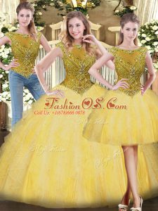 Modern Tulle Scoop Sleeveless Zipper Beading and Ruffles Quinceanera Gown in Gold