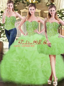 Beautiful Yellow Green Ball Gowns Beading and Ruffles Quinceanera Dresses Lace Up Organza Sleeveless Floor Length