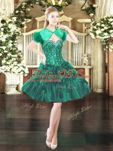 Dark Green Ball Gowns Beading and Ruffles Prom Dresses Lace Up Organza Sleeveless Mini Length