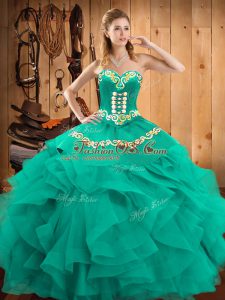 Vintage Turquoise Lace Up Quinceanera Dress Embroidery and Ruffles Sleeveless Floor Length