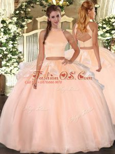Suitable Floor Length Backless Quinceanera Gowns Peach for Military Ball and Sweet 16 and Quinceanera with Beading