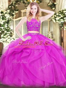 Gorgeous Fuchsia Sleeveless Tulle Zipper Quinceanera Dress for Military Ball and Sweet 16 and Quinceanera