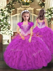 Sleeveless Organza Floor Length Lace Up Kids Formal Wear in Fuchsia with Beading and Ruffles