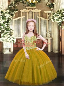 Sleeveless Tulle Floor Length Lace Up Pageant Dresses in Brown with Beading