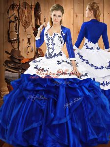 New Style Sleeveless Satin and Organza Floor Length Lace Up Sweet 16 Dresses in Blue with Embroidery and Ruffles