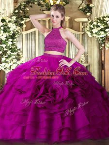 Low Price Halter Top Sleeveless Backless Quinceanera Gowns Fuchsia Tulle