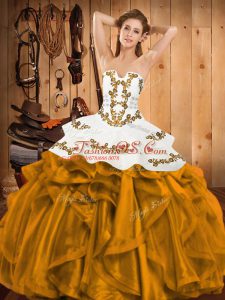 Gold Strapless Neckline Embroidery and Ruffles Sweet 16 Dress Sleeveless Lace Up