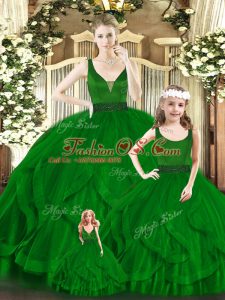 Romantic Green Sleeveless Organza Zipper Quinceanera Gowns for Military Ball and Sweet 16 and Quinceanera