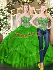 Green Vestidos de Quinceanera Military Ball and Sweet 16 and Quinceanera with Beading and Ruffles Sweetheart Sleeveless Lace Up