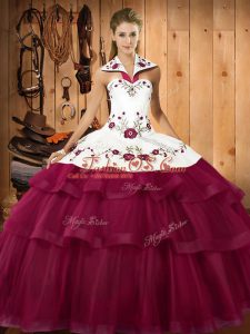 Fuchsia Quince Ball Gowns Military Ball and Sweet 16 and Quinceanera with Embroidery and Ruffled Layers Halter Top Sleeveless Sweep Train Lace Up