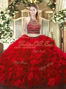 Red Zipper Sweet 16 Dresses Beading and Ruffles Sleeveless Floor Length