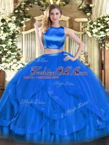 Romantic Floor Length Two Pieces Sleeveless Blue 15th Birthday Dress Criss Cross