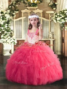 Hot Pink Ball Gowns Straps Sleeveless Tulle Floor Length Lace Up Beading and Ruffles Pageant Dress for Teens