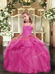 Ball Gowns Pageant Dress for Girls Hot Pink Straps Organza Sleeveless Floor Length Lace Up