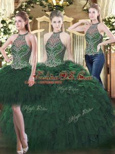 Delicate Dark Green Organza Lace Up High-neck Sleeveless Floor Length Quince Ball Gowns Beading and Ruffles