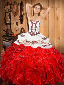 Sleeveless Satin and Organza Floor Length Lace Up 15 Quinceanera Dress in Wine Red with Embroidery and Ruffles