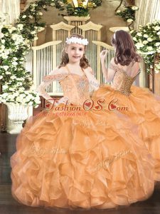 Sleeveless Organza Floor Length Lace Up Pageant Dress Womens in Orange with Beading and Ruffles