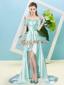 Superior Off The Shoulder Short Sleeves Lace Up Prom Party Dress Apple Green Elastic Woven Satin and Sequined
