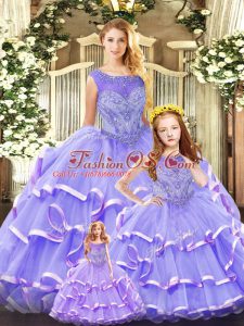 Sweet Lavender Lace Up Scoop Beading and Ruffled Layers Vestidos de Quinceanera Organza Sleeveless