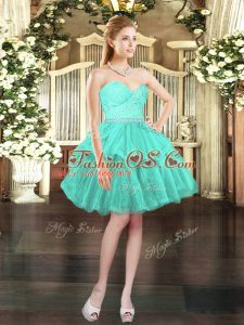 Sleeveless Mini Length Beading and Lace Lace Up Prom Gown with Aqua Blue