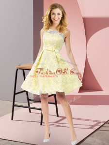 Yellow Zipper Scoop Bowknot Bridesmaids Dress Lace Sleeveless