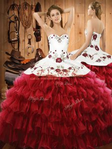 Wine Red Sweetheart Lace Up Embroidery and Ruffled Layers 15th Birthday Dress Sleeveless