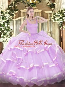 Lilac Organza Zipper Straps Sleeveless Floor Length 15 Quinceanera Dress Beading and Ruffled Layers