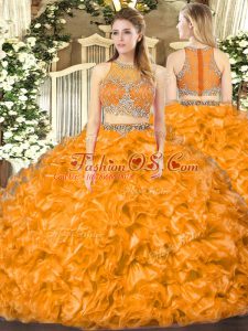 Glorious Sleeveless Organza Floor Length Zipper Quinceanera Dresses in Orange Red with Beading and Ruffles