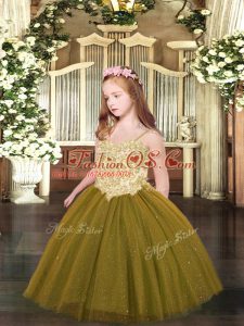 Brown Tulle Lace Up Spaghetti Straps Sleeveless Floor Length Kids Formal Wear Appliques
