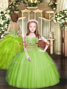 Sleeveless Tulle Floor Length Lace Up Little Girl Pageant Dress in with Beading and Ruffles