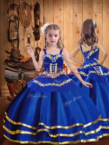 Hot Selling Royal Blue Ball Gowns Beading and Embroidery and Ruffled Layers Evening Gowns Lace Up Organza Sleeveless Floor Length