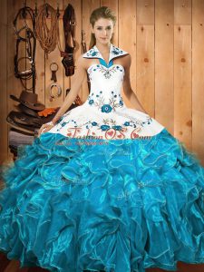 Custom Designed Halter Top Sleeveless Lace Up Sweet 16 Dress Baby Blue Satin and Organza