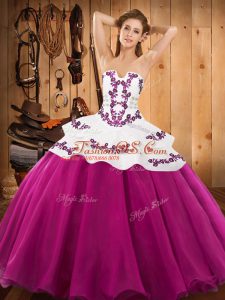 Custom Fit Fuchsia Lace Up Strapless Embroidery Quince Ball Gowns Satin and Organza Sleeveless