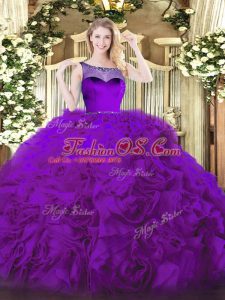 High Class Eggplant Purple Ball Gowns Scoop Sleeveless Fabric With Rolling Flowers Floor Length Zipper Beading 15th Birthday Dress