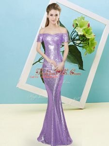 Deluxe Off The Shoulder Short Sleeves Zipper Prom Dresses Lilac Sequined