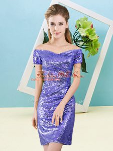 Lavender Zipper Evening Dress Sequins Short Sleeves Mini Length