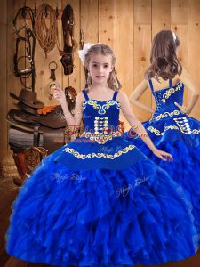 Floor Length Royal Blue Pageant Gowns For Girls Organza Sleeveless Embroidery and Ruffles