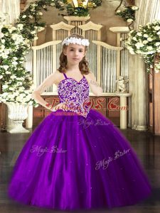 Purple Lace Up Straps Beading Pageant Gowns For Girls Tulle Sleeveless