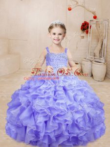 Lavender Kids Formal Wear Sweet 16 and Quinceanera with Beading and Ruffles Straps Sleeveless Lace Up