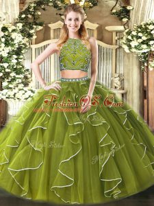 Deluxe Beading and Ruffles Quince Ball Gowns Olive Green Zipper Sleeveless Floor Length
