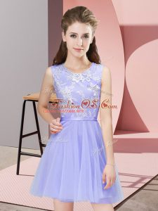 High Class Lavender A-line Tulle Scoop Sleeveless Lace Mini Length Side Zipper Bridesmaids Dress
