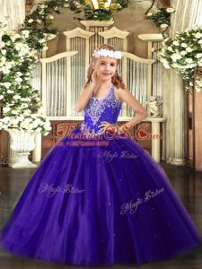 Floor Length Lace Up Little Girls Pageant Dress Purple for Party and Quinceanera with Beading