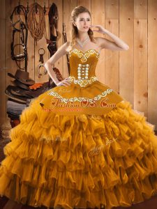 Beautiful Gold Ball Gowns Sweetheart Sleeveless Satin and Organza Floor Length Lace Up Embroidery and Ruffled Layers Sweet 16 Dress