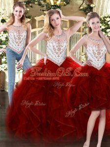 Scoop Sleeveless Zipper Quinceanera Gown Wine Red Tulle