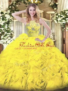Unique Gold Ball Gowns Halter Top Sleeveless Tulle Floor Length Zipper Beading and Ruffles Sweet 16 Quinceanera Dress