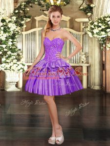 Noble Eggplant Purple Ball Gowns Organza Sweetheart Sleeveless Beading and Ruffled Layers Mini Length Lace Up Evening Dress