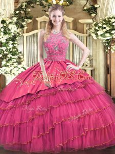 Dramatic Floor Length Hot Pink Vestidos de Quinceanera Satin and Tulle Sleeveless Beading and Embroidery and Ruffled Layers